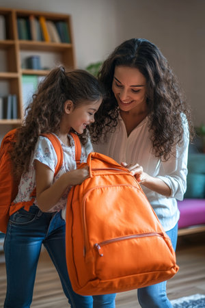 Mother And Daughter Preparing For School, Packing Orange Backpack In Cozy Living Roomの素材