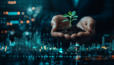 Hands Holding Sprout With Stock Market Chart, Representing Sustainable Investment And Growth.の素材
