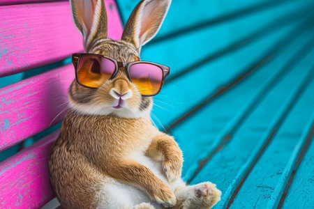 Chill Bunny with Sunglasses Relaxing on a Vibrant Blue and Pink Bench, Summer Pet Fashion.の素材