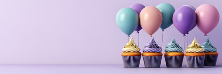 Four Delicious Cupcakes With Pastel Frosting And Colorful Balloons On A Solid Lavender Backgroundの素材
