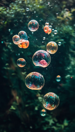 Turquoise Water Dreamscape A Playful Dance of Colorful, Translucent Bubbles in Motionの素材
