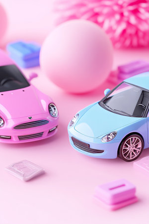 Pink and Blue Toy Cars on Pink Background, Concept for Insurance, Toys, Childhood, Genderの素材