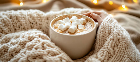 Cozy Winter Mug of Hot Chocolate with Marshmallows, Warm Sweater, and Festive Lightsの素材