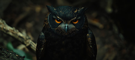 Nocturnal Predator A Close-up Portrait of an Owl with Intense, Piercing Eyes in the Darknessの素材