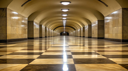 Subway Station, Grand Hallway, Checkerboard Floor, Marble Walls, Architectural Symmetryの素材