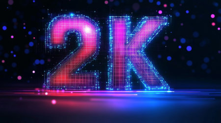Futuristic Glowing Number 2K on Digital Abstract Background, Technology and Celebration Conceptの素材