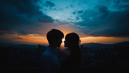 Silhouette of Romantic Couple Sharing Tender Moment Against Dramatic Twilight Cityscapeの素材