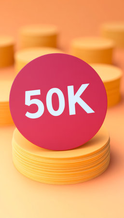Red Circle with 50K Text on Stack of Yellow Disks, Representing Financial Milestones and Growth.の素材