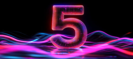 Illuminated Number Five on an Abstract Background Futuristic Design and 3D Renderingの素材