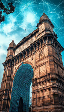 Gateway Of India, Mumbai Iconic Arch With Digital Network Overlay, Technology And Travel Conceptの素材