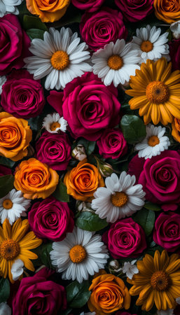 Colorful Floral Background, Vibrant Roses and Daisies on a Blurred Backdrop with Space for Text.の素材