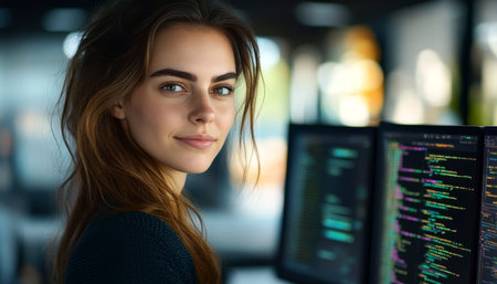 Confident Female Programmer Focused on Coding Development with Dual Monitors in Modern Officeの素材