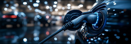 Electric Vehicle Charging Illuminated Charging Port with Cable, Bokeh Background of a Dealershipの素材