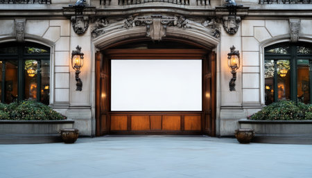 Elegant Building Entrance with Blank Banner, Perfect for Advertisement. Copy Space for Your Textの素材