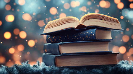 Open Book, Stack of Books on Snowy Pine Branch, Winter, Reading, Literature, Knowledge, Wisdomの素材