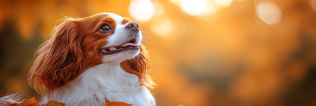 Adorable Cavalier King Charles Spaniel Dog with a Happy Expression Enjoys the Beauty of Autumnの素材
