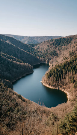 Serene Canyon Lake Vista Tranquil Water and Autumn Forest, Nature Scenery Stock Photoの素材