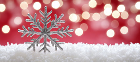 Silver Glitter Snowflake Ornament on Snowy Surface, Sparkling Red Holiday Lights Backgroundの素材