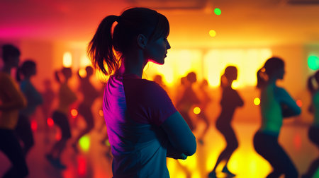 Fit, Focused Woman Enjoys a High-Energy Dance Fitness Class with Group, Silhouetted in Neon Lightの素材