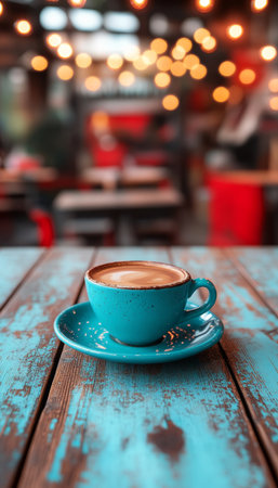 Steaming Cup of Coffee on a Rustic Blue Table in a Cozy Cafe with Festive Bokeh Lightsの素材