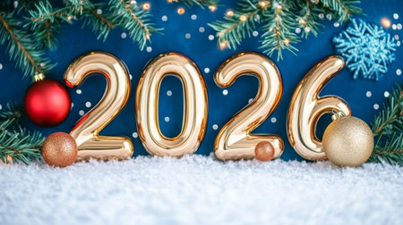 Gold Number Balloons 2026 on Festive Blue Background With Snowy Christmas Ornaments and Evergreensの素材