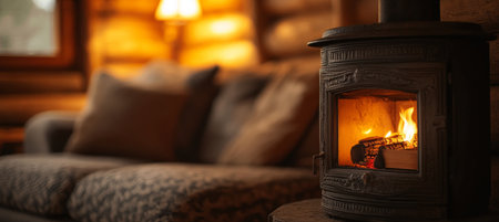 Cozy Log Cabin Interior with Burning Fireplace, Warm Light, and Comfortable Sofa in the Backgroundの素材
