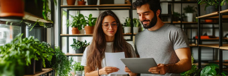 Young Couple Reviews Financial Documents Among Houseplants, Collaboration and Budgeting at Homeの素材