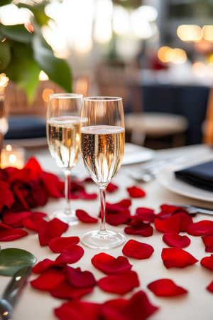 Romantic Celebration Champagne Glasses and Red Rose Petals on Table Setting with Copy Spaceの素材