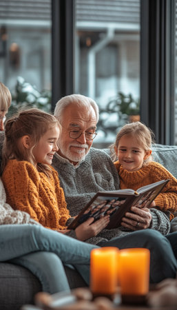 Creating Lasting Memories Family Shares Stories and Laughter Over Photo Album on Cozy Couch.の素材