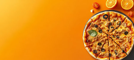 Delicious Tuna and Olive Pizza on Vibrant Orange Background, Top View with Copy Spaceの素材