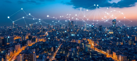 Vibrant Cityscape at Twilight Connections and Innovation in Modern Metropolitan Life.の素材