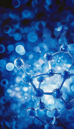 Abstract Network of Bright Blue Lines and Nodes on a Dark Blue Backdrop, Featuring Bokeh Circlesの素材