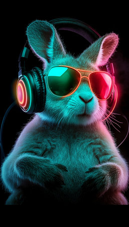 Neon Party Animal A Cool Kangaroo DJ Rocking Vibrant Headphones and Sunglasses in a Neon Glowの素材