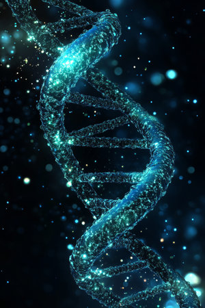 Blue And Green DNA Double Helix Swirling With A Soft Bokeh Background, Genetic Research Concept.の素材