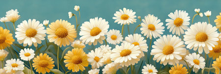 Field of White Daisies and Yellow Dandelions in Bright Daylight, Detailed Botanical Photographyの素材