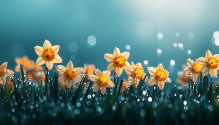 Field of Golden Daffodils, Dew Kissed Petals Glisten in Morning Sunlight, Bokeh Effect, Springtimeの素材