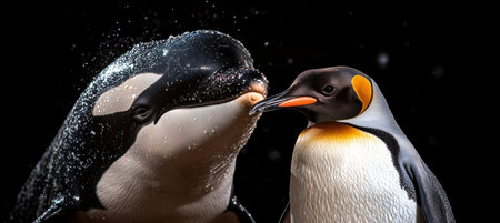Orca and King Penguin Intimate Encounter, Majestic Wildlife Bonding Moment Against Black Backgroundの素材