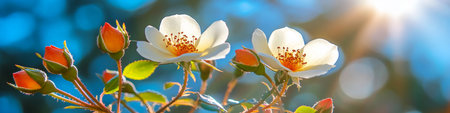 Floral Cluster of White Blossoms, Green Leaves On Stems Against an Azure Sky , Summertime Beautyの素材