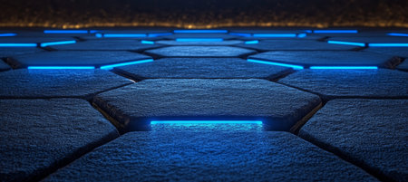 Abstract Dark Hexagon Pattern With Vivid Blue Neon Light, Technology Background, 3D Renderingの素材