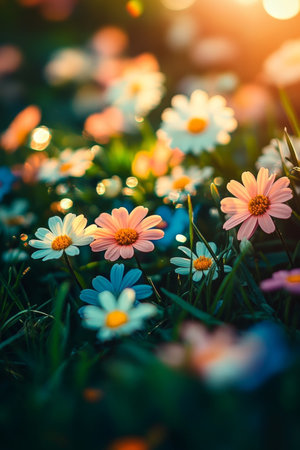 Colorful Wildflowers Blooming in Summer Meadow, Vibrant Field of Daisies Under Bright Sunlightの素材