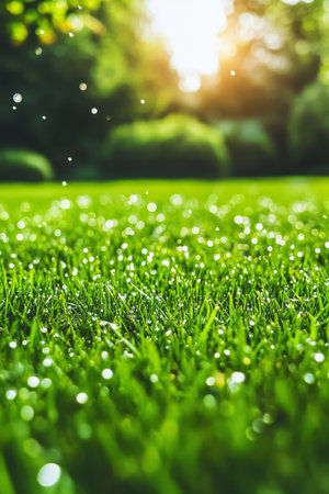 Lush Green Grass, Natural Sunlight, and Bokeh Effect A Vibrant Close-Up View of a Healthy Lawnの素材