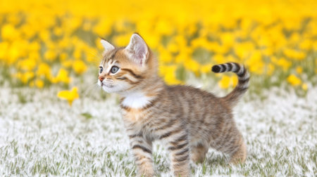 Playful Tabby Kitten with Curious Expression Explores Spring Meadow with Yellow Flowersの素材