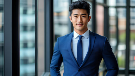 Confident and Successful Asian Businessman in Blue Suit Posing in Modern Office Buildingの素材