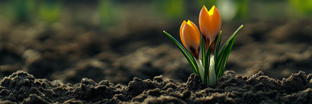 Yellow Crocus Flowers Emerging from the Dark Soil in Bright Sunshine, Signalling Early Springの素材