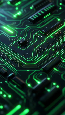 Futuristic Circuitry Abstract Background of Glowing Green Electronic Pathways on a Motherboardの素材