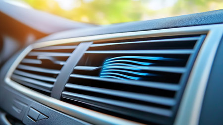 Car Air Vent with Blue Air Flow Graphic. Modern Vehicle Inside, Climate Control, Freshnessの素材