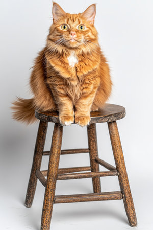 Curious Ginger Cat Sitting Perched Atop a Rustic Wooden Stool, Isolated on White Backgroundの素材
