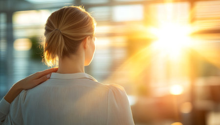 Sunlight streams through blinds, businesswoman, contemplation, new beginnings, career success.の素材