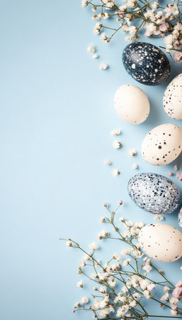 Stylish Easter egg border with spring flowers on light blue background, flat lay, copy space.の素材
