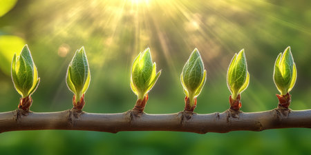 Spring Awakening Translucent Leaves Unfurling on a Sunlit Branch, Fresh Green Growthの素材